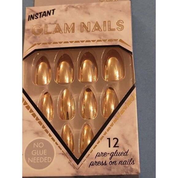 2 INSTANT GLAM NAIL METALIC COLOR PRESS ON FAKE NAILS. BX OF 12 GOLD - Picture 2 of 5